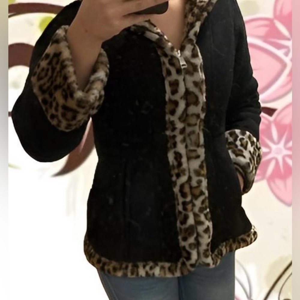 Hawke & Co Black Teddy Jacket with Leopard Trim